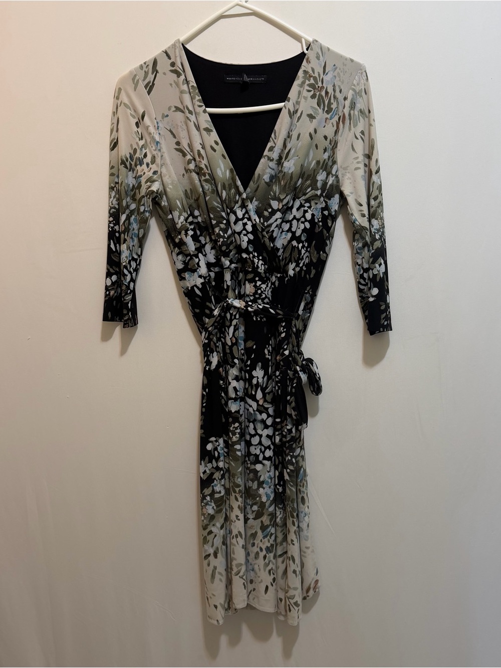 White House Black Market Black and Olive Floral Faux-Wrap Dress